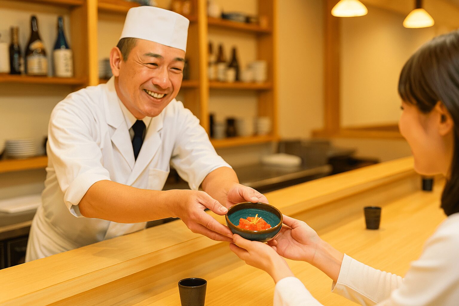帆立柚子明太を提供する居酒屋店主