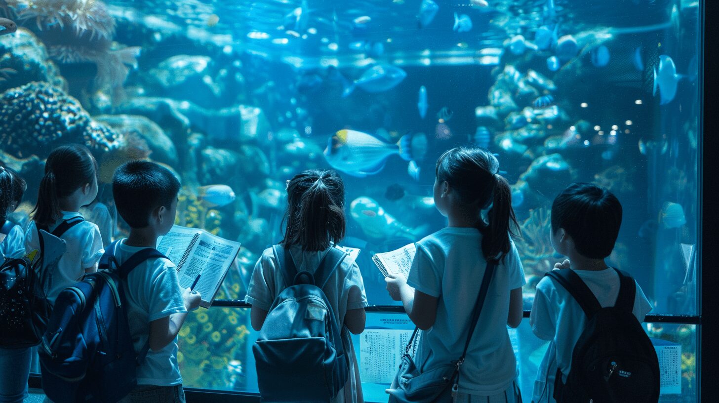 水族館で学ぶ小学生
