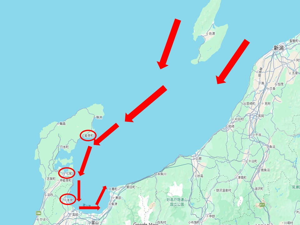 日本海と富山湾のぶり回遊ルート